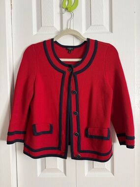 Talbots Red Cardigan with Navy Trim